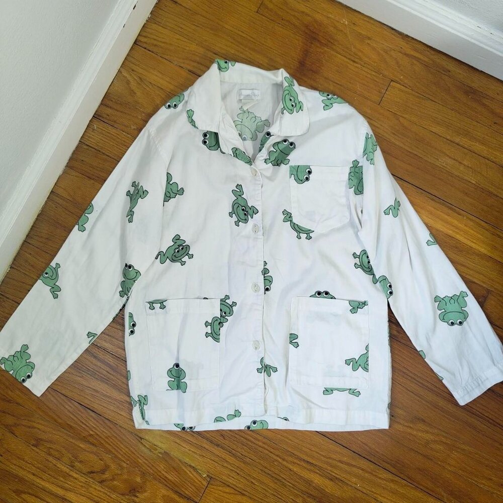 White Green Frog Print Long Sleeve Pajama Top Aegean Sleep